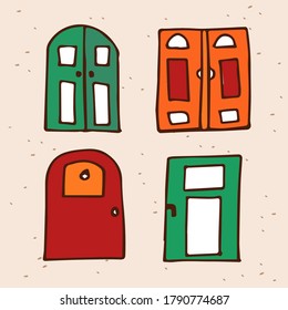 Dibujo manual de puertas. Caricatura en las puertas, dibujos en doodle. Ilustración plana.