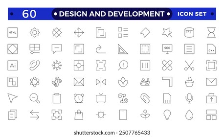 Conjunto de iconos delgados de diseño y desarrollo. Iconos lineales simples en un estilo moderno plano, proceso creativo. Diseño gráfico, paquete creativo, estacionario, software y más.
