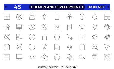 Set of thin Outline icons of Design and development. Simple linear icons in a modern style flat, Creative Process. Graphic design, creative package, stationary, software and more.
