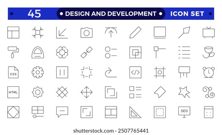 Set of thin Outline icons of Design and development. Simple linear icons in a modern style flat, Creative Process. Graphic design, creative package, stationary, software and more.
