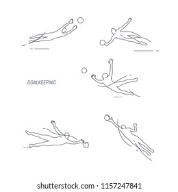 
Set of thin outline icons of soccer player in various poses and actions.