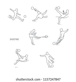 
Set of thin outline icons of soccer player in various poses and actions.