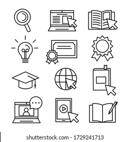 Set Of Thin Outlined Black And White Icons. Modern Online Studying Or Learning. Book, Laptop, Internet Phone And Other Icons.