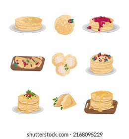 Set of thin pancakes on plate and wooden board with sweet berries, cottage cheese, jam and honey. Festive dish for Maslenitsa, carnival and Shrovetide. Delicious pastries. Vector flat illustration