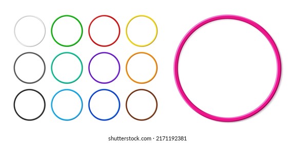 Set of thin round photo frame with shadow isolated on white background. Modern vector 3d graphic illustration. Blank circle border for business and marketing concept presentation