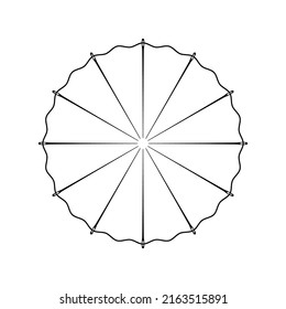 Set of thin sewing needles round ornament and pattern with circle thread. Template for design. Vector illustration and drawing on white background.