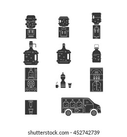 Set of thin vector flat icons for water coolers business. Water bottles, water coolers, water delivery car isolated on white. Design elements for business, website, mobile app. Water bottle icons.