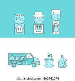 Set of thin vector  line icons for water delivery business. Water bottles, water coolers, water delivery car isolated on colorful background. Design elements for business, website, mobile and app.