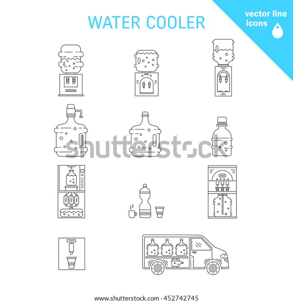 Set of thin vector  line icons for water coolers
business. Water bottles, water coolers, water delivery car isolated
on white. Design elements for business, website, mobile app. Water
bottle icons.