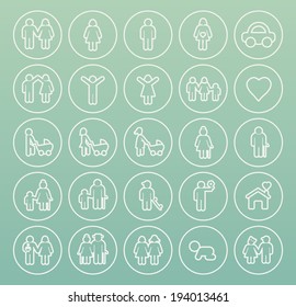 Set of Thin White Stroke Family Icons on Circular Buttons.