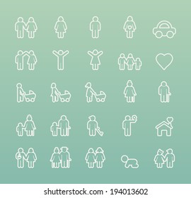 Set of Thin White Stroke Family Icons on colored Background.