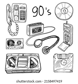 Set of things from the 90s vector illustration isolated on white background