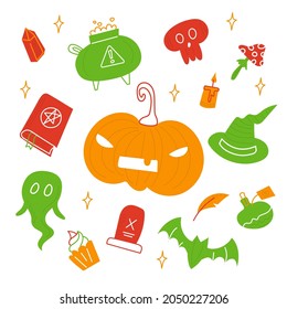 A set of things about Halloween. Pumpkin, Potion vat, Bat, Spell book, Bones, Candy, Skull, Grave, Hat, Fly agaric, Spider web, Ghost, Lollipop, Flask, Magic ball