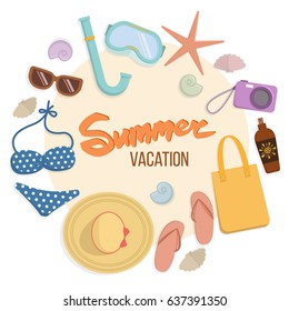 Set of things for a beach holiday as beach bag, hat, flip flops, swimsuit. Vacation at the sea. Vector