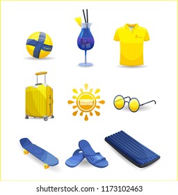 Set of things for a beach holiday on a white background. Ball for playing volleyball. Blue cocktail with straw. Yellow polo shirt. Yellow travel case with handle. Blue skateboard with wheels. 