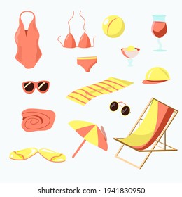 A set of things for a beach holiday in pink tones. Isolated elements on a white background.