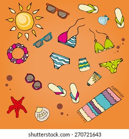 Set of things for beach. Summer time.Set include: swimsuit, sunglasses, sun, seashells, starfish, rubber ring, slippers, sunblock.