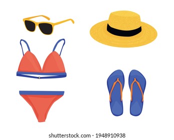 a set of things for the beach: sunglasses, straw hat, swimsuit, flip-flops. outfit for summer holidays. vector flat. isolated on white background. summertime.