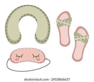 Set of things for a comfortable plane trip on an isolated background. Neck pillow, sleep mask and slippers. Vacation, travel around the world. Hand drawn. Colorful flat vector