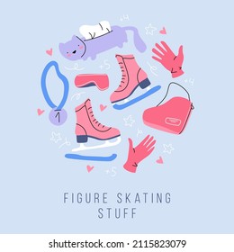 A set of things for figure skating competitions. Skates and a cover for them on the rink. Women's shoes. Cute plush napkin box.