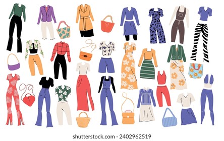 A set of things for girls and women. Pants, dresses, coats, jackets, shirt in flat style. Vector stock illustration. Isolated. Cartoon. Wardrobe. Sports and classic clothing. Bags hand drawn. 