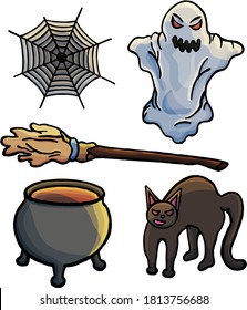 Set of things for Halloween, black cat, ghost, broom, cauldron, cobweb, cartoon style, gloom, darkness, mystic, stickers, for children, holiday, game, witches, love spell, evill, scare, night, dark