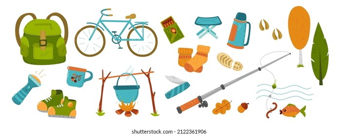 A set of things for a hike: a backpack, a bicycle, a campfire, a fishing rod, sneakers, a flashlight, wool socks, a penknife, a thermos, a folding chair.