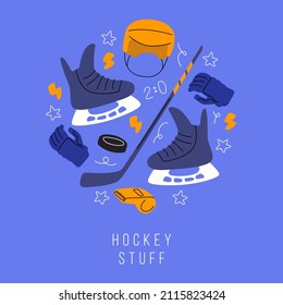 A set of things for hockey competitions. Men's skates, gloves and helmet. Stick and puck. Everything for sports competitions