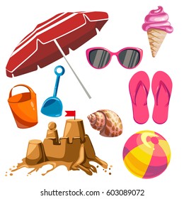 Set of things ideal for a beach outing on a white background. Vector illustration.