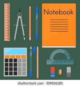 A set of things needed for study. Pencils, pens and erasers in two variations, notebook, calculator, eraser, sharpener, ruler, protactor. Flat, eps10