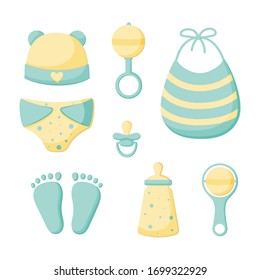 A set of things for a newborn isolated on a white background. Collection for boys. Cap, bib, panties, clacks, bottle, pacifier, footprints. Vector illustration. Great for greeting cards, stickers.