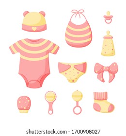 A set of things for a newborn isolated on a white background. Collection for girls in pink color. Cap, bib, panties, clacks, bottle, pacifier, sock, bow, mitten. Vector illustration.