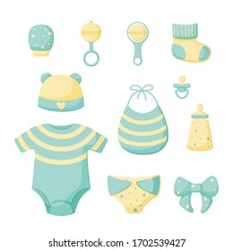 A set of things for a newborn isolated on a white background. Collection for boys in blue color. Cap, bib, panties, clacks, bottle, pacifier, sock, bow, mitten. Vector illustration. 