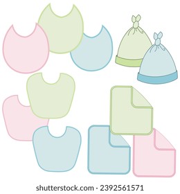 A set of things for a newborn isolated on a white background. Collection for pink girls. Stopper, bib, panties, clacks, bottle, pacifier, socks, bow. Vector illustration.