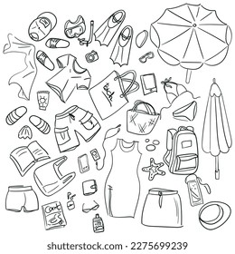 A set of things on the beach with a thiele sketch. Simple details in contour style. Quick sketches of things, objects, clothes.