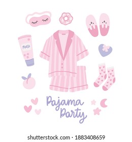 Set of things for pajama party. Lovely pajamas, sleep mask, slippers, hair tie, face mask, socks, heart and peach. Vector illustration isolated on white background.