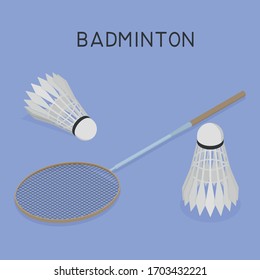 A set of things for playing badminton - a racket and shuttlecocks. Isometric style. Vector stock illustration.