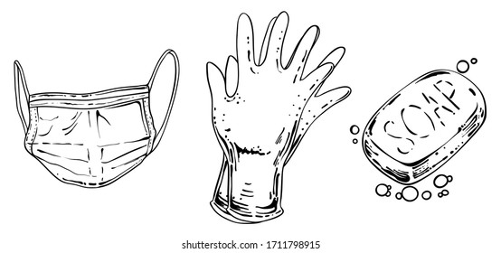 Conjunto de cosas para prevenir el coronavirus covid-19, vector dibujado a mano