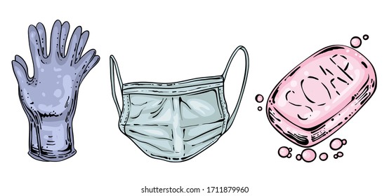 Set of things to prevent coronavirus covid-19, hand drawn vector