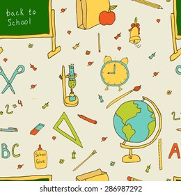 Set of things for school: blackboard, pencils, markers, globe, alarm clock, lunch bag, scissors, glue tube, brushes, rulers, pens. Back to school. ABC. Seamless pattern. School supplies