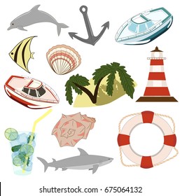 Set of things of sea: shark, Cichlid yellow with black,dolphin, boat, Two seashells - scallop and rapana, coctail  An island with a palm tree, Lifebuoy, anchor and white and red lighthouse.
