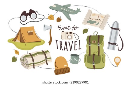 A set of things for travel. Set of tourist backpack and accessories. Package of tourist objects, tent, thermos, axe, map, cup, binoculars. Vector flat illustration isolated on white background.