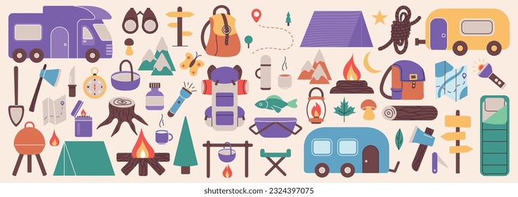 Set with things for traveling to the mountains. Fishing and outdoor summer camping. Hiking with backpacks. Summer vacation in the forest. Colorful vector illustration. Editable stroke.