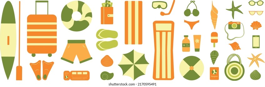 set of things for vacation, relax at the sea, beach things. Vector isolated on a white background