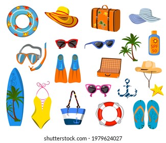 a set of things for vacation, vacation at the sea, beach things. Vector isolated on a white background