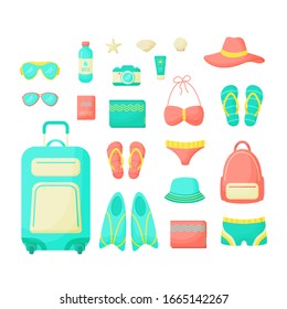Set of things for a vacation at sea. Сollection summer travel items. Vector illustration.