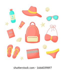 Set of things for a vacation at sea. Сollection summer travel items for woman. Vector illustration.