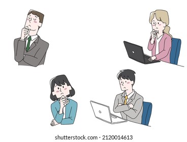 Eine Reihe denkender Geschäftsleute, eine komische, handgeschriebene Person, eine Vektorgrafik und eine einfache Färbung von Linienzeichnungen.