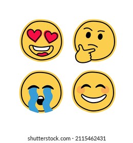 set of Thinking emoji. doodle emoticon. ios symbols. chat sticker. face and thumb. In love. Smile and crying emoticon. Yellow faces 