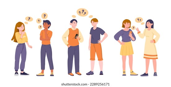 Gente pensante. Colección de chicos y chicas con preguntas. Los personajes tratan de resolver problemas, encontrar respuestas y soluciones. Ilustraciones de caricaturas de vectores planos aisladas en fondo blanco